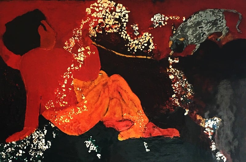 Tableau asiatique l'enfant et le chat noir